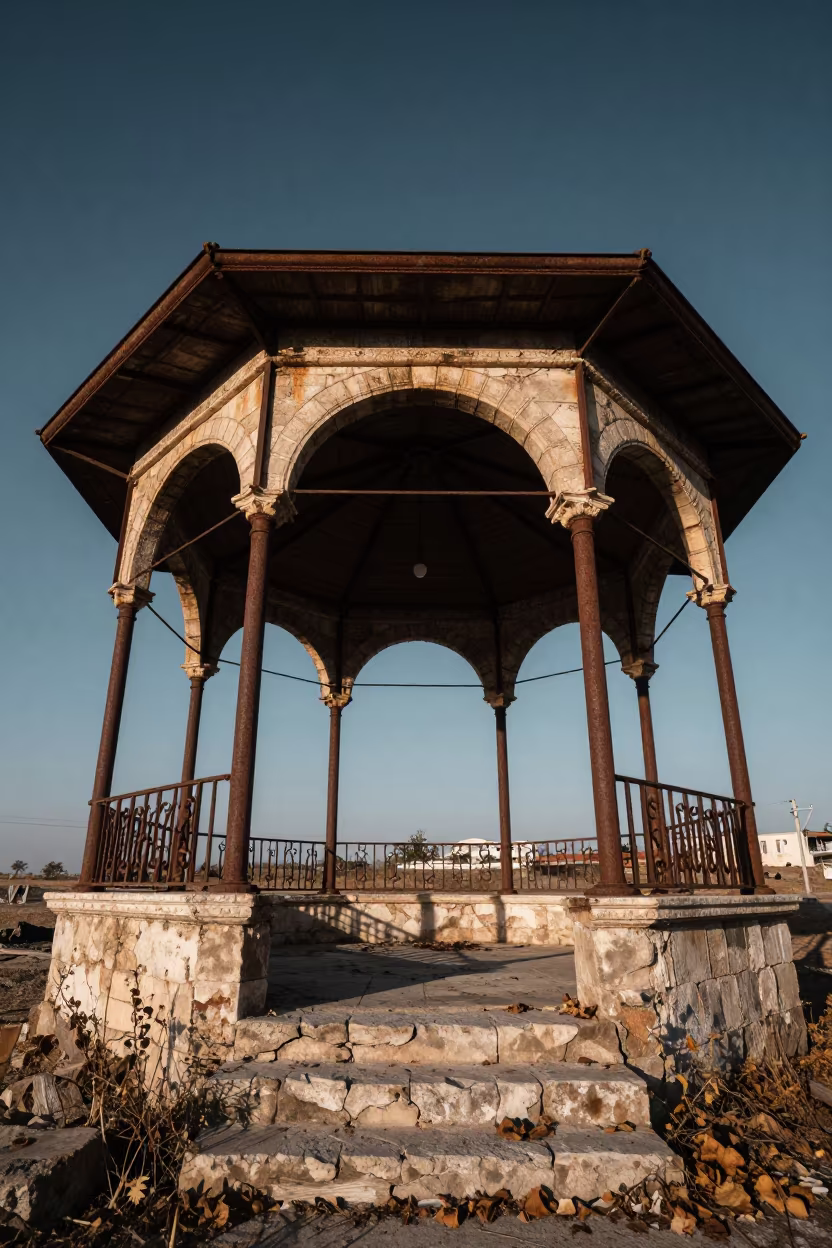 Leaning Iron Pillars Under Stone Arch Erbil Night in beneath a broken stone arch near Erbil