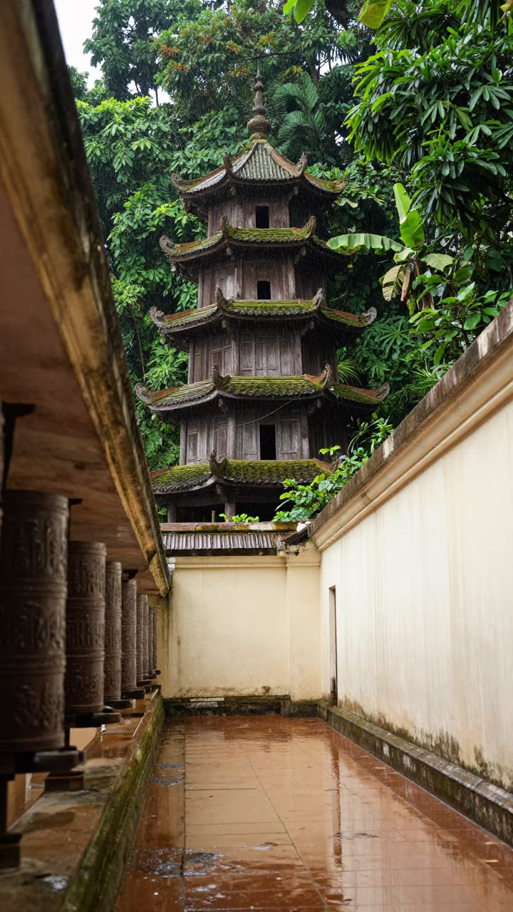 Leaning Pagoda Inside Phnom Penh Prayer Corridor in beside a prayer wheel corridor in Phnom Penh