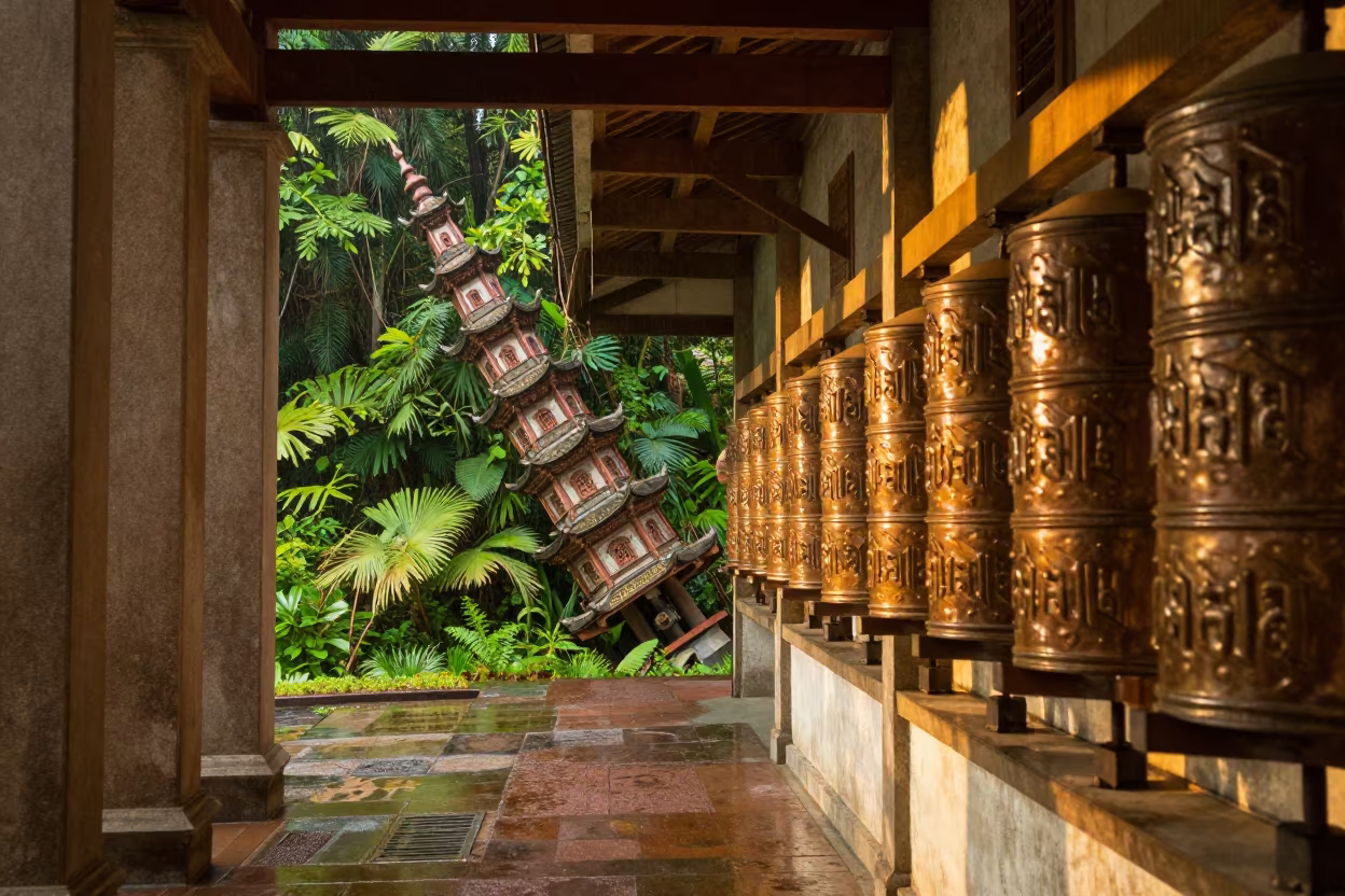 Leaning Pagoda Beside Prayer Wheels in KL in beside a prayer wheel corridor in Kuala Lumpur