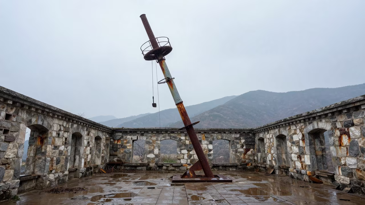 Leaning Tower in North Korean Hammam Ruin in inside a roofless hammam in North Korea