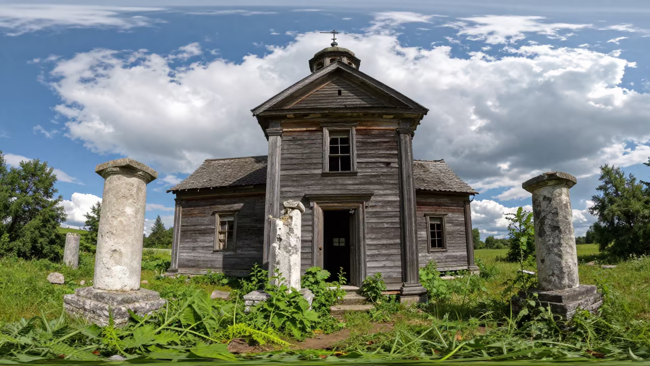 Leaning Wooden Church Ruin in Summer in among toppled columns and nettles near Damietta