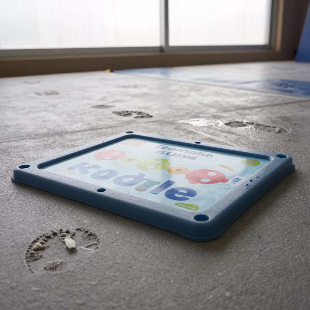 Learn Swim Toy Label Board With Wet Footprints in inside a climbing gym warmup zone in Mzuzu