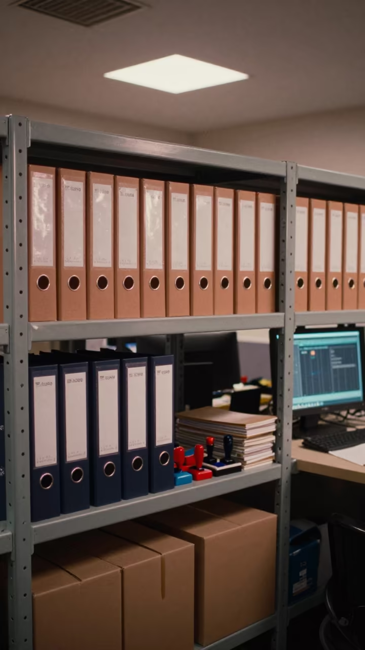 Lease Binder Shelf in Monsoon Pune Office in in an operations center under monitor glow in Pune