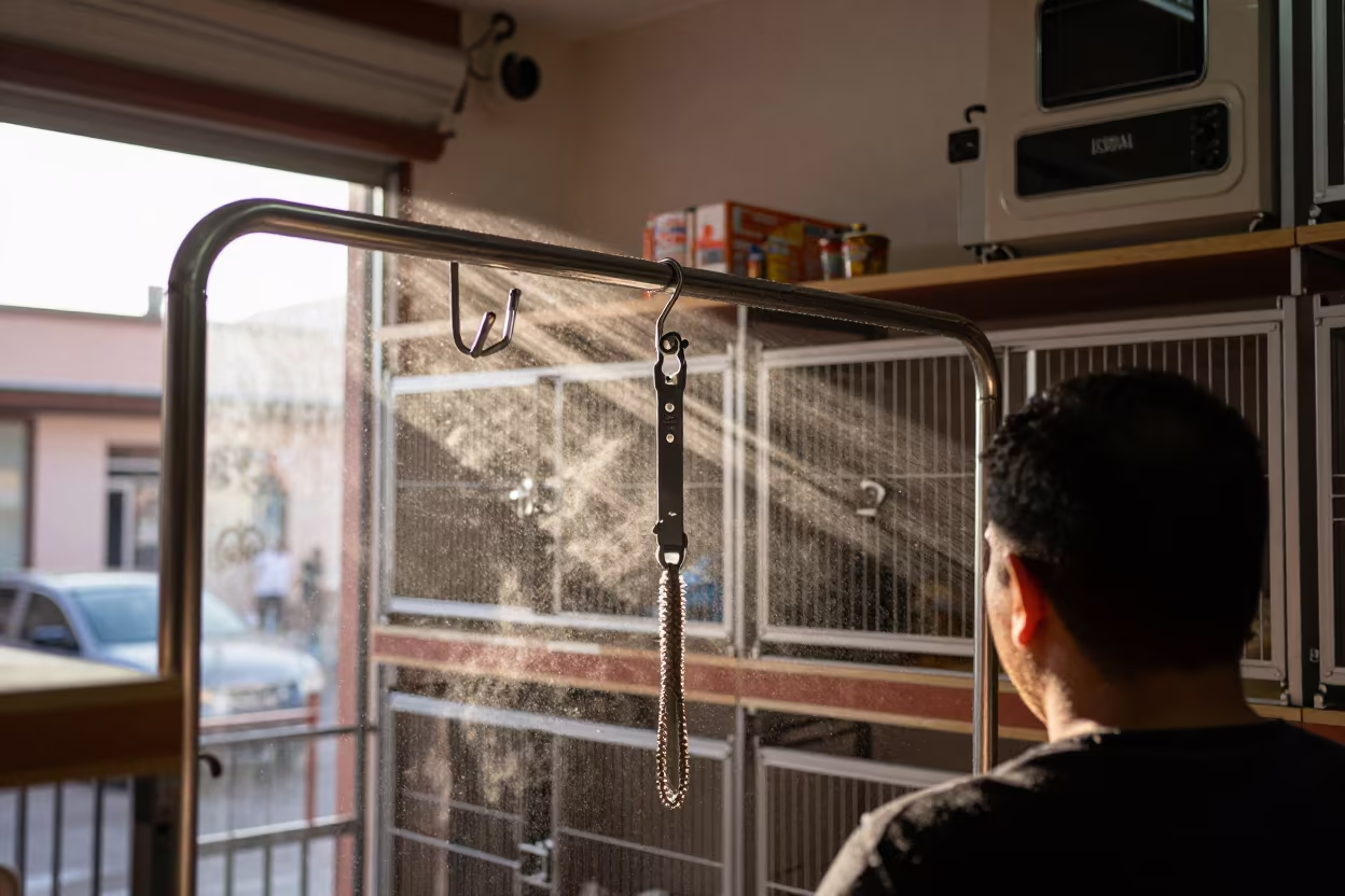 Leash Sanitizing Rail Before Busy Pet Shop Hours in inside a fish bagging counter zone in El Alto, La Paz