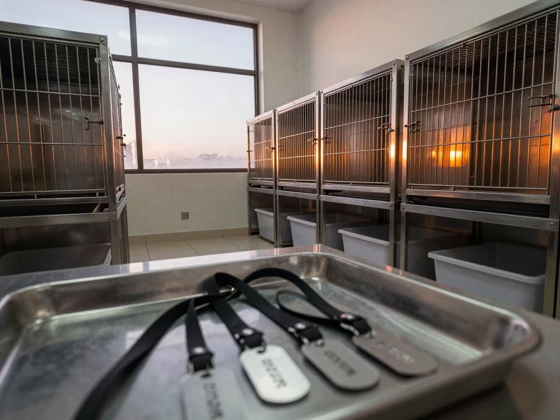 Leash Tag Tray in Grooming Bay Before Dawn in inside a grooming bay near Valencia