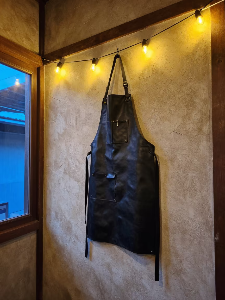 Leather Apron on Blacksmith Wall in Jakarta Rehearsal Room in in a rehearsal room in Kemang, Jakarta