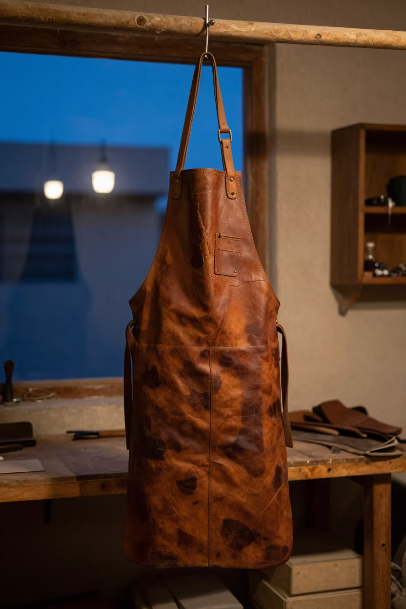 Leather Apron Hanging in Mallawi Workshop Twilight in on a wooden workbench near Mallawi