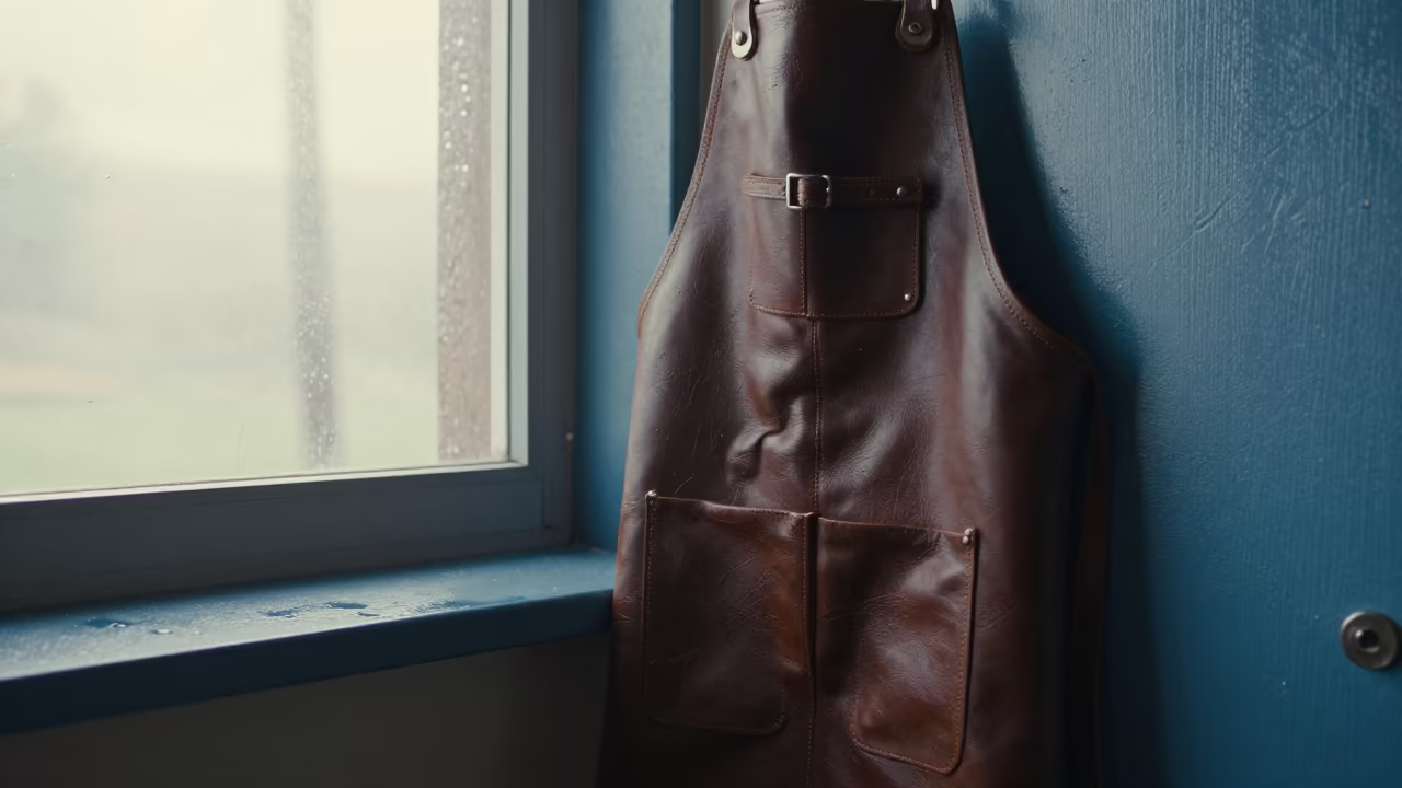 Leather Apron on Ledge Before Dawn in Seychelles in on a painted display ledge in Victoria Seychelles