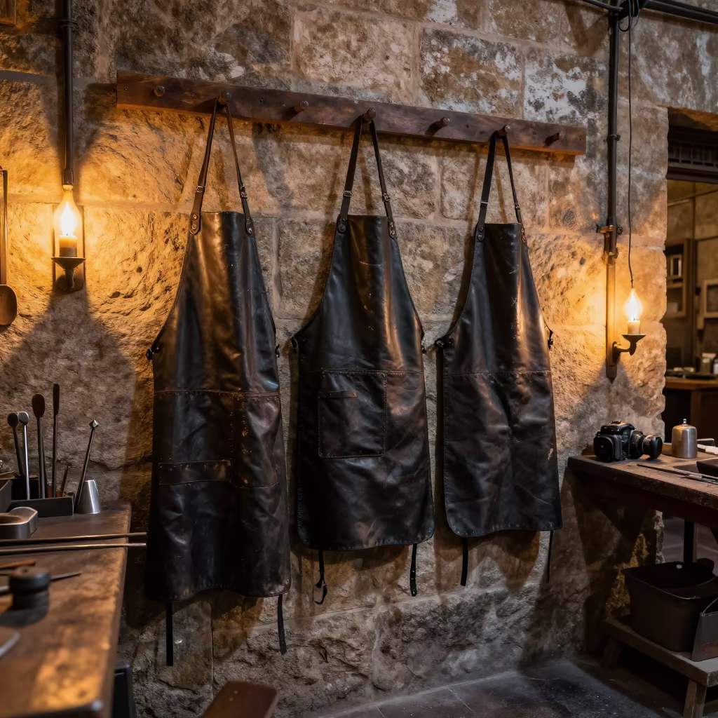 Leather Apron Hanging in Santiago Blacksmith Shop in in a workshop in Santiago de Compostela