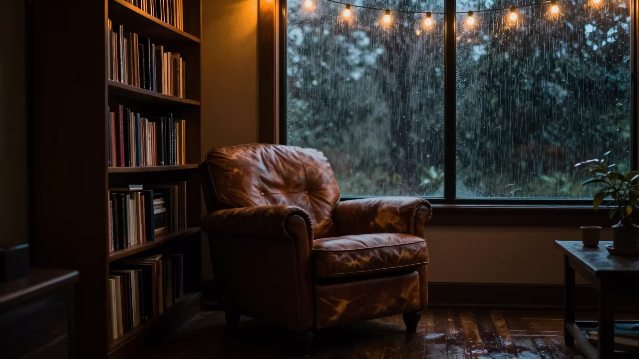 Leather Armchair Glow Monrovia Predawn Rain in on a worn leather armchair in Monrovia