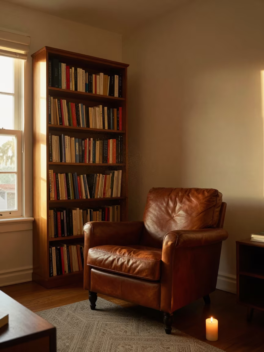 Leather Armchair Golden Hour Cape Town Living Room in in a sunlit living room in Cape Town