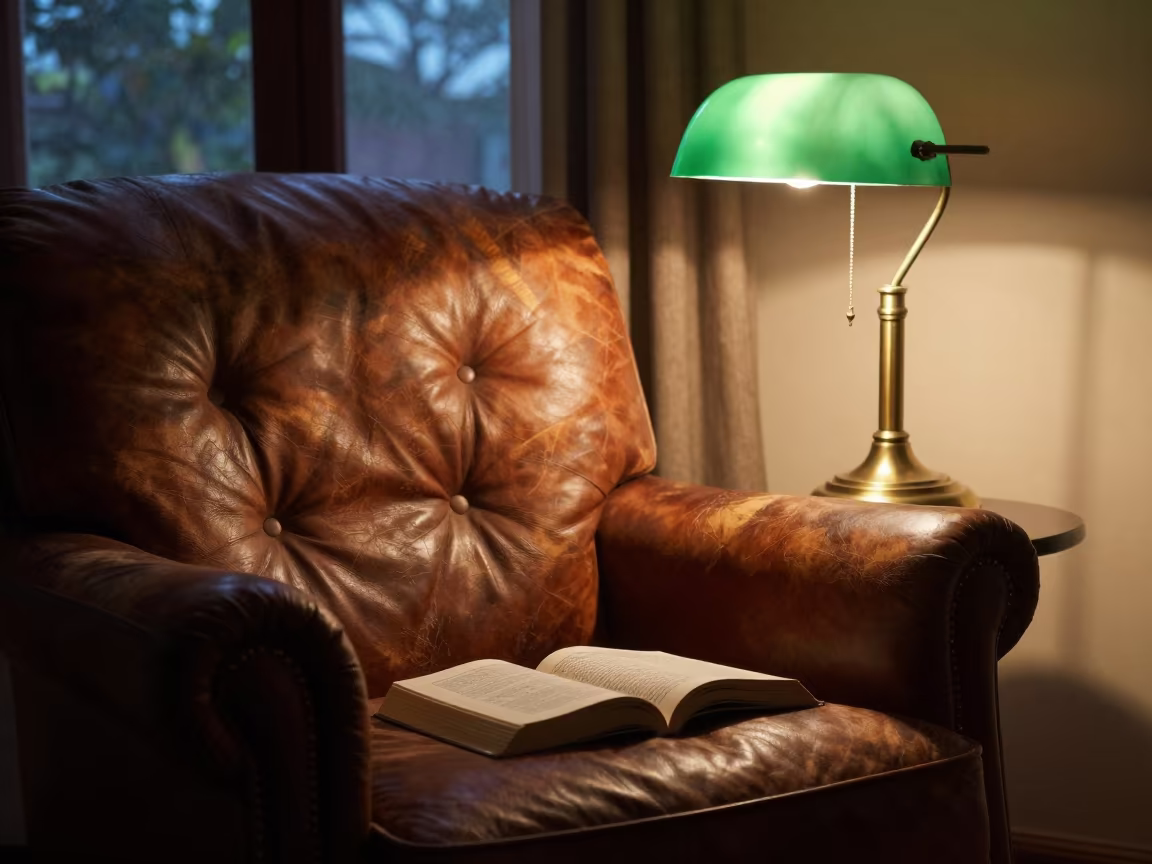 Leather Armchair Lamp Reading Lamp Prayagraj in on a worn leather armchair in Prayagraj