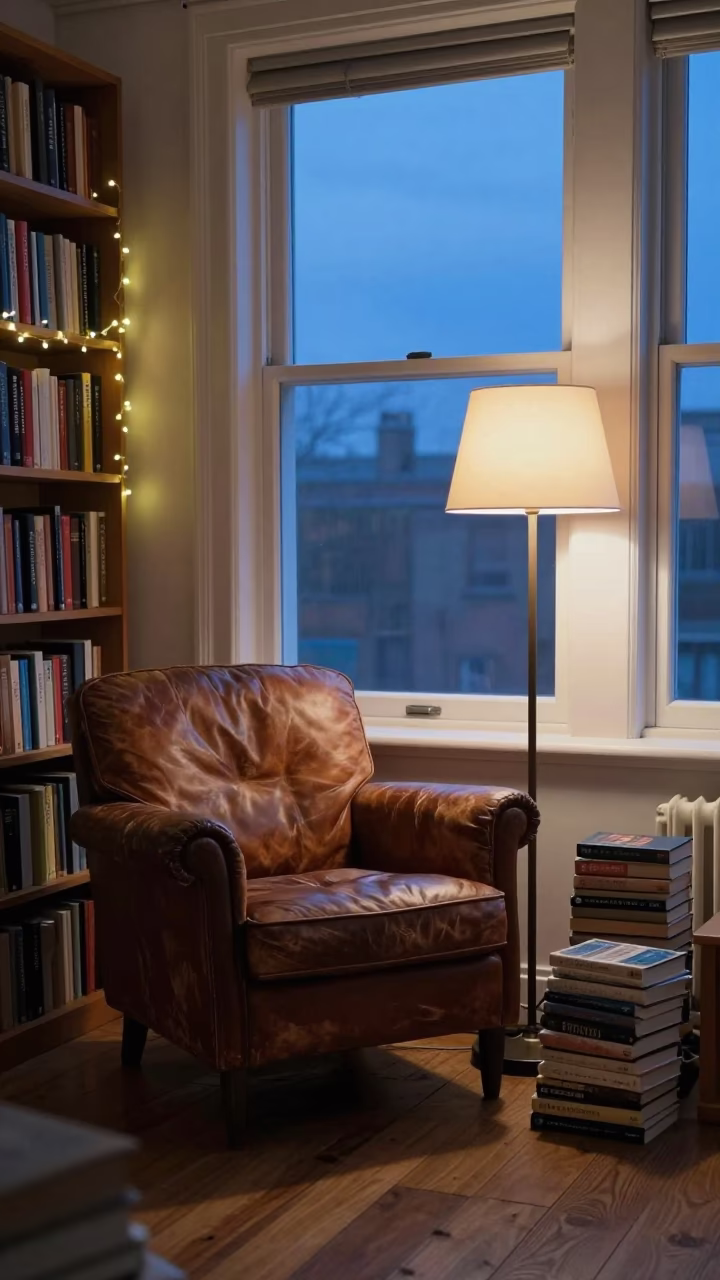 Leather Armchair Library Corner Evening Glow in on a worn leather armchair near Belfast