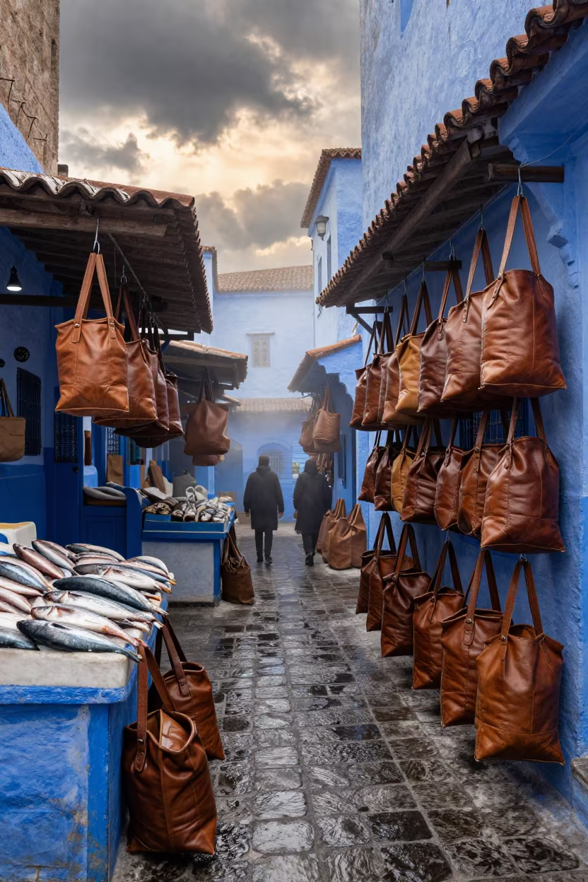Leather Bags Hanging in Misty Chefchaouen Market in beside a fish counter in Chefchaouen