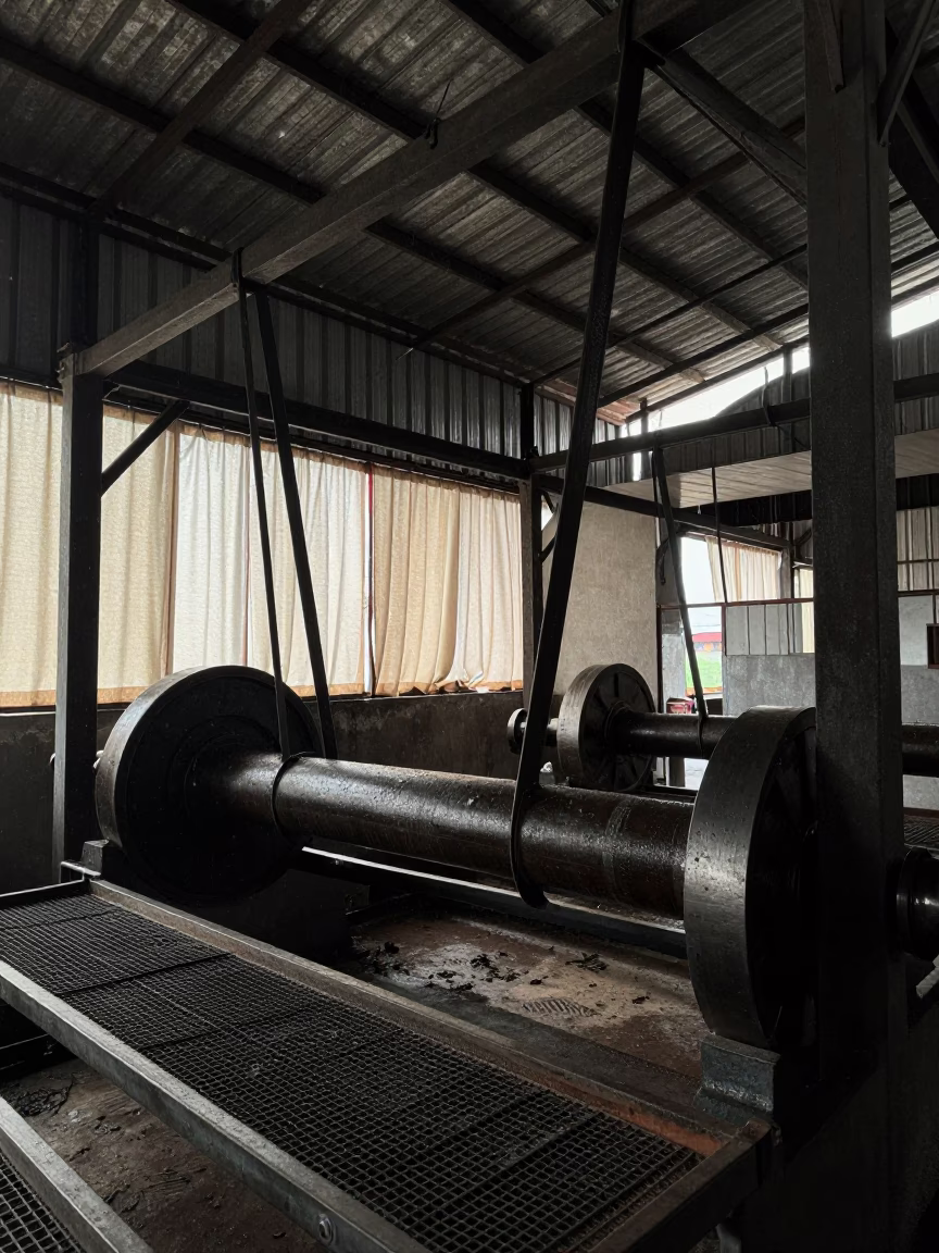 Leather Belts and Mesh Trays in Drying Room in inside a leaf-drying room lined with mesh trays in Madhya Pradesh