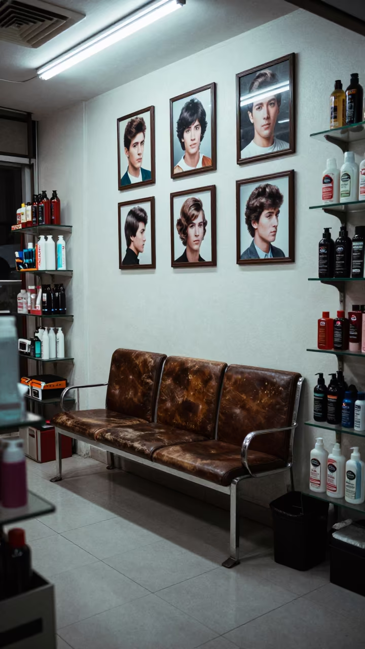 Leather Bench Under LEDs in Bangkok Beauty Shop in in a beauty supply area under white LEDs near Bangkok