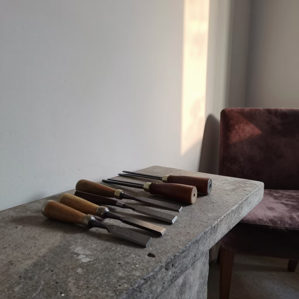 Leather Handled Chisels on Stone Bench Near Bangalore in on a velvet chair near Bangalore