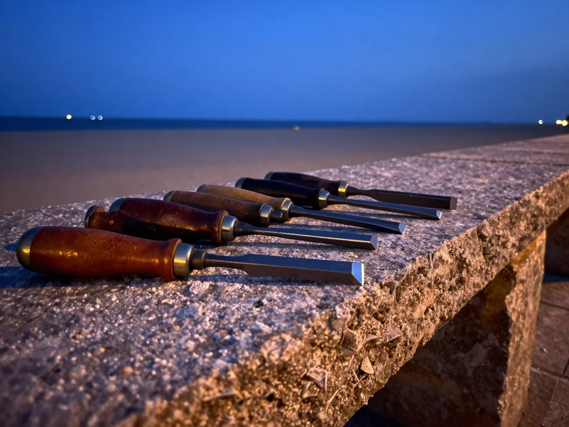 Leather Chisels on Stone Bench Pier Twilight in on a pier railing near Zapopan