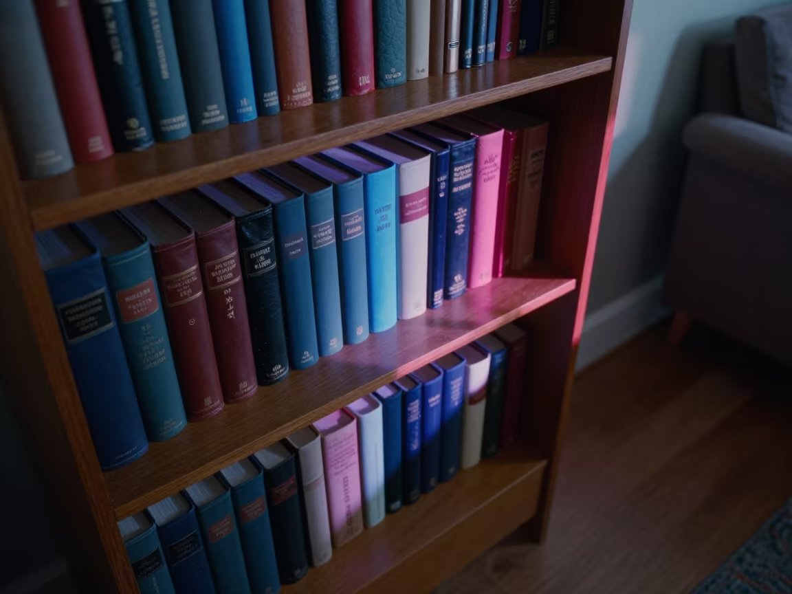 Leather Encyclopedias on Mahogany Shelf Evening Light in in a sunlit living room in Ciudad del Carmen