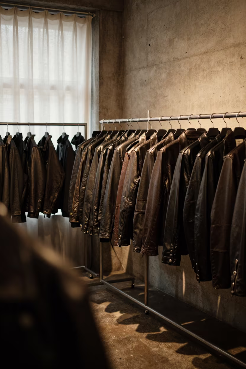 Leather Garments in Mekelle Showroom Light in under runway rehearsal lights in Mekelle