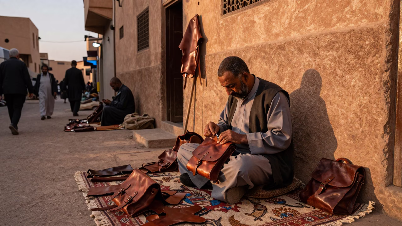 Leather Goods in Fez at Copper-toned Light Before Dusk in in Fez, Morocco
