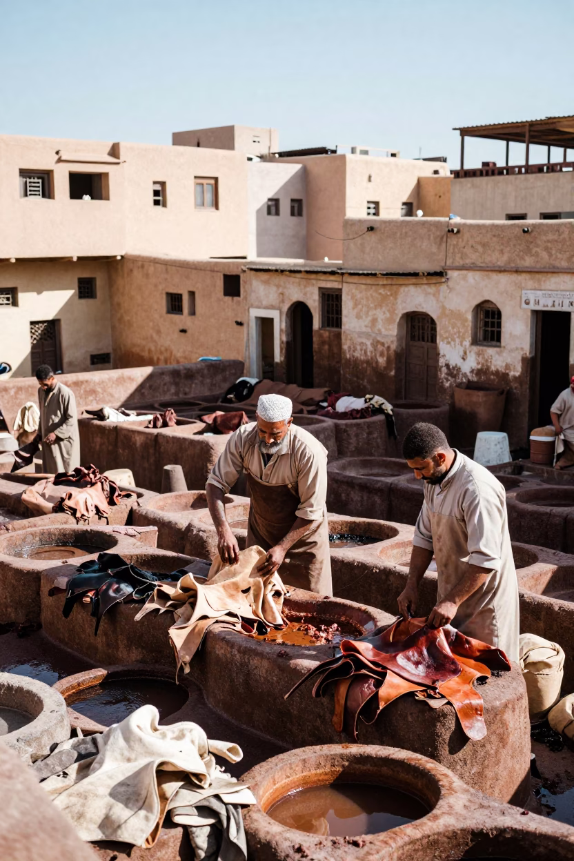 Leather Hides in Fez at Noon Light in in Fez, Morocco