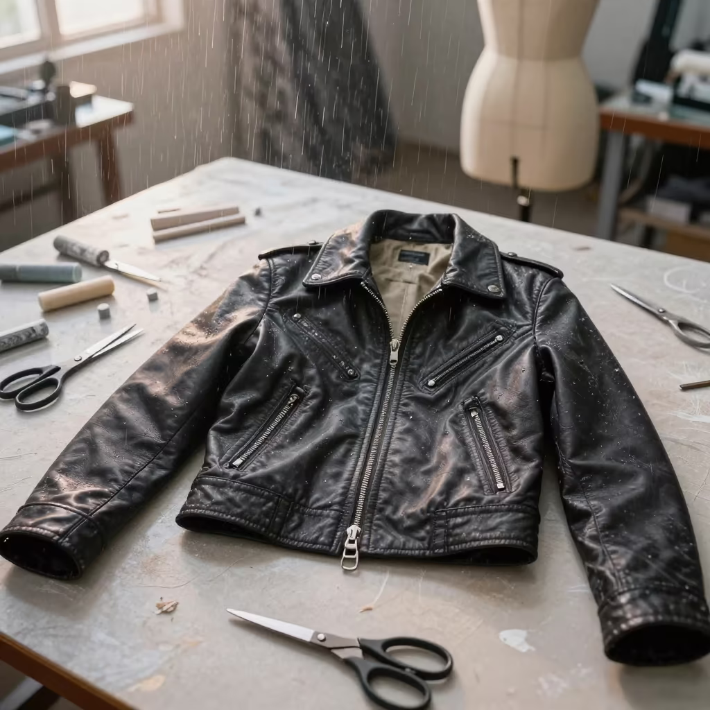 Leather Jacket Fitted on Dress Form in Akure in at a tailoring table strewn with chalk and shears in Akure