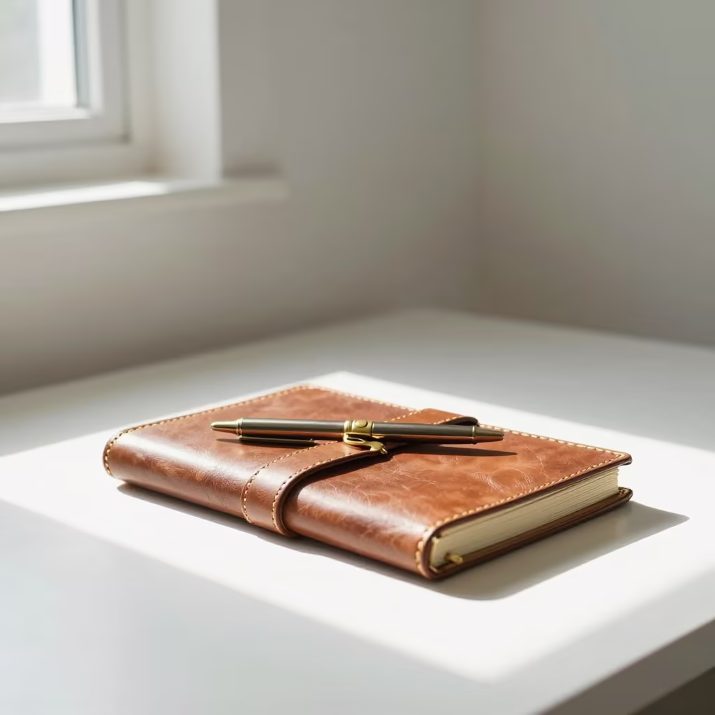 Leather Journal Brass Clasp Morning Desk Santos in on a writing desk in Santos