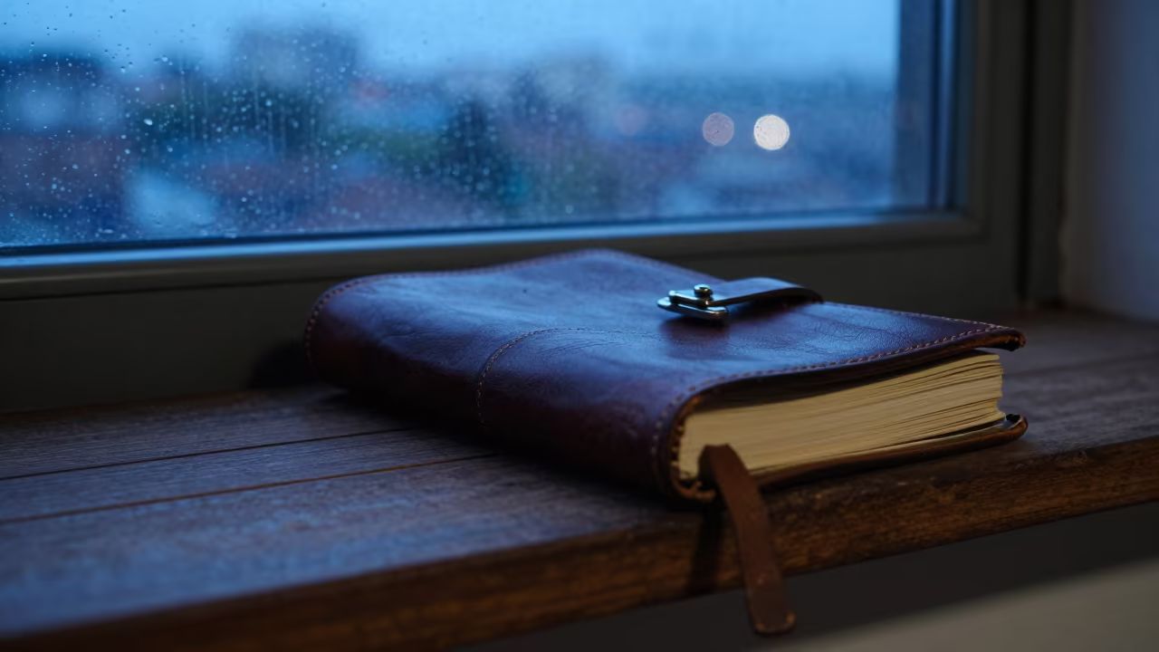 Leather Journal with Clasp on Workshop Shelf in on a workshop shelf near Kabwe