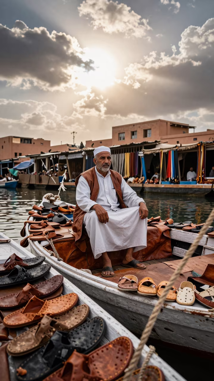 Leather Merchant on Floating Market Boat in Marrakech in at a floating market boat in Marrakech