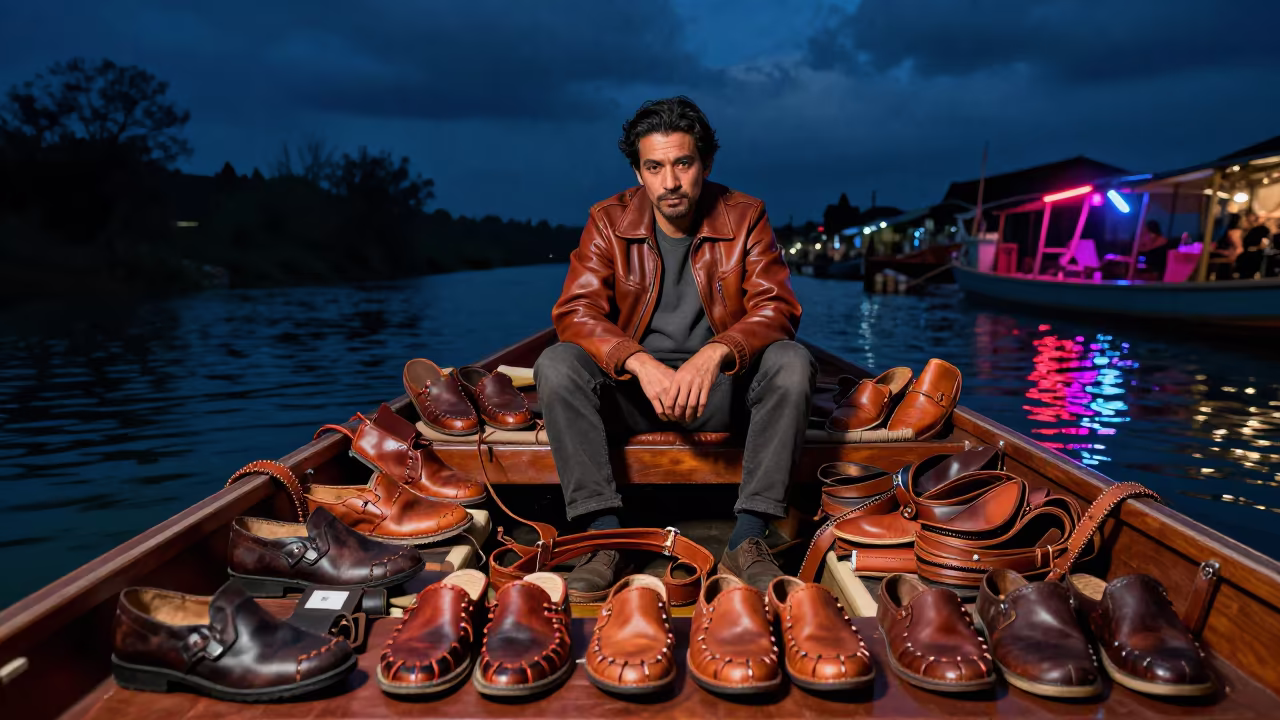 Leather Merchant in Neon Light at Night in at a floating market boat in Chefchaouen
