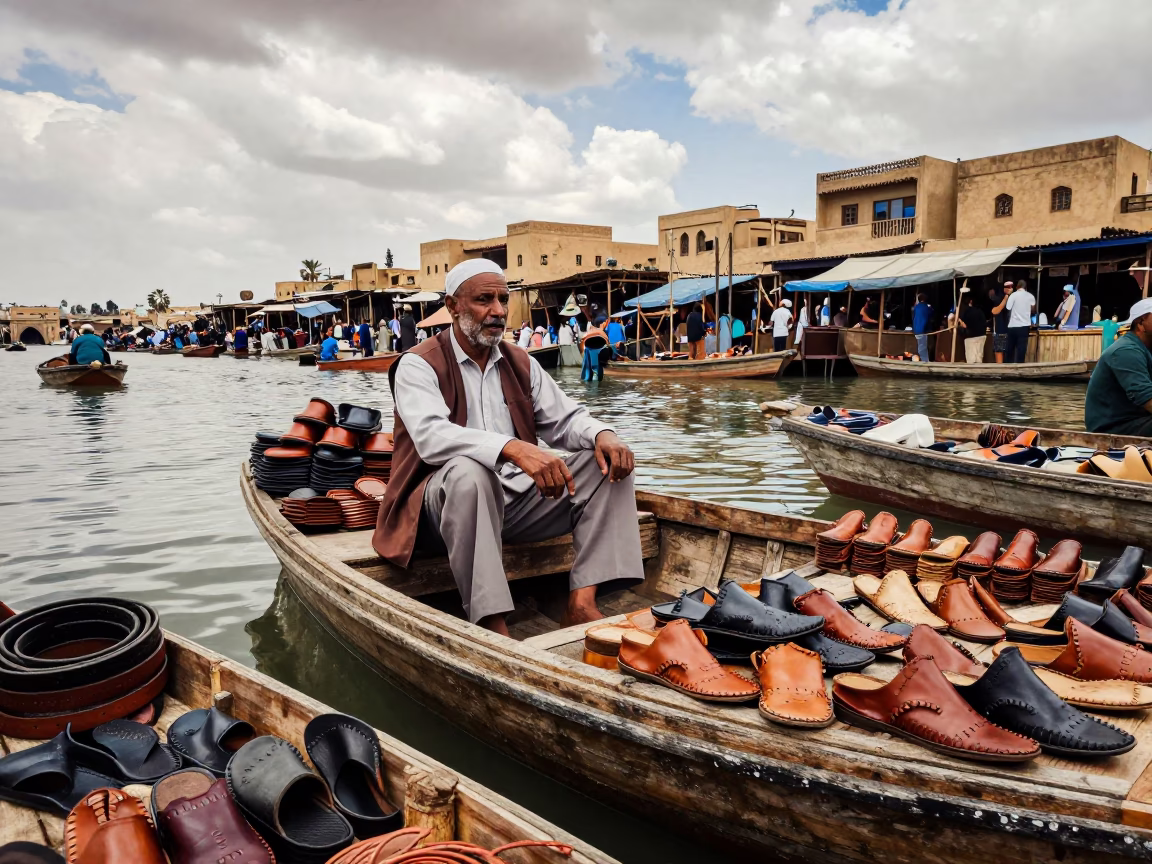 Leather Merchant and Slippers at Fez Floating Market in at a floating market boat in Fez el-Jdid, Fez