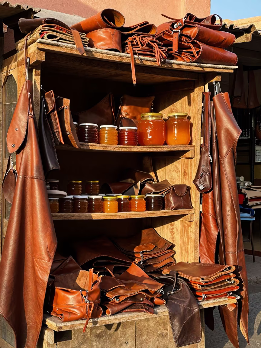 Leather Stacks in Marrakech Souk Evening Light in at a flower auction bench in Marrakech