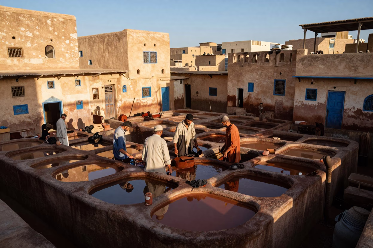 Leather Tanners Working with Colored Dyes in Fez Morocco Late Afternoon in in Fez, Morocco