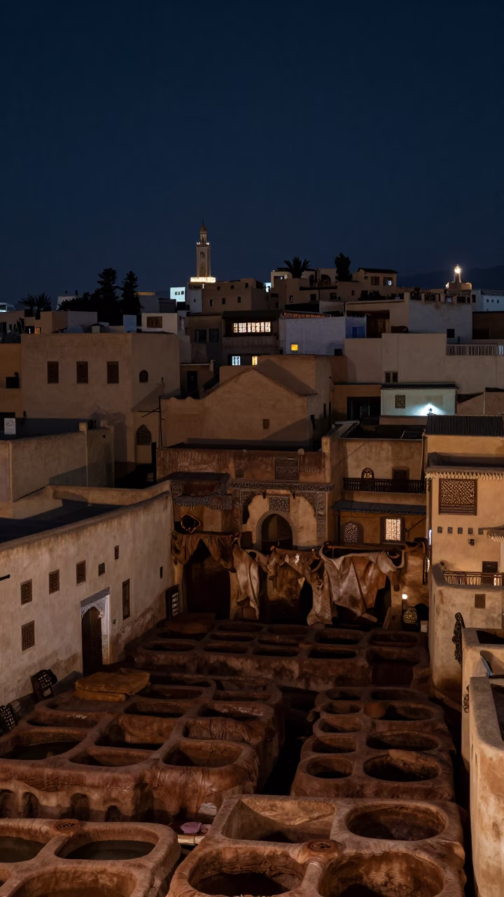 Leather Tanning Pits in Fez at Midnight Light in in Fez, Morocco