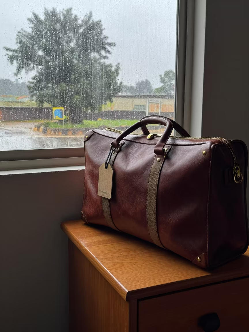 Leather Valise Luggage Tag Dabou Window in on a bedside table in Dabou