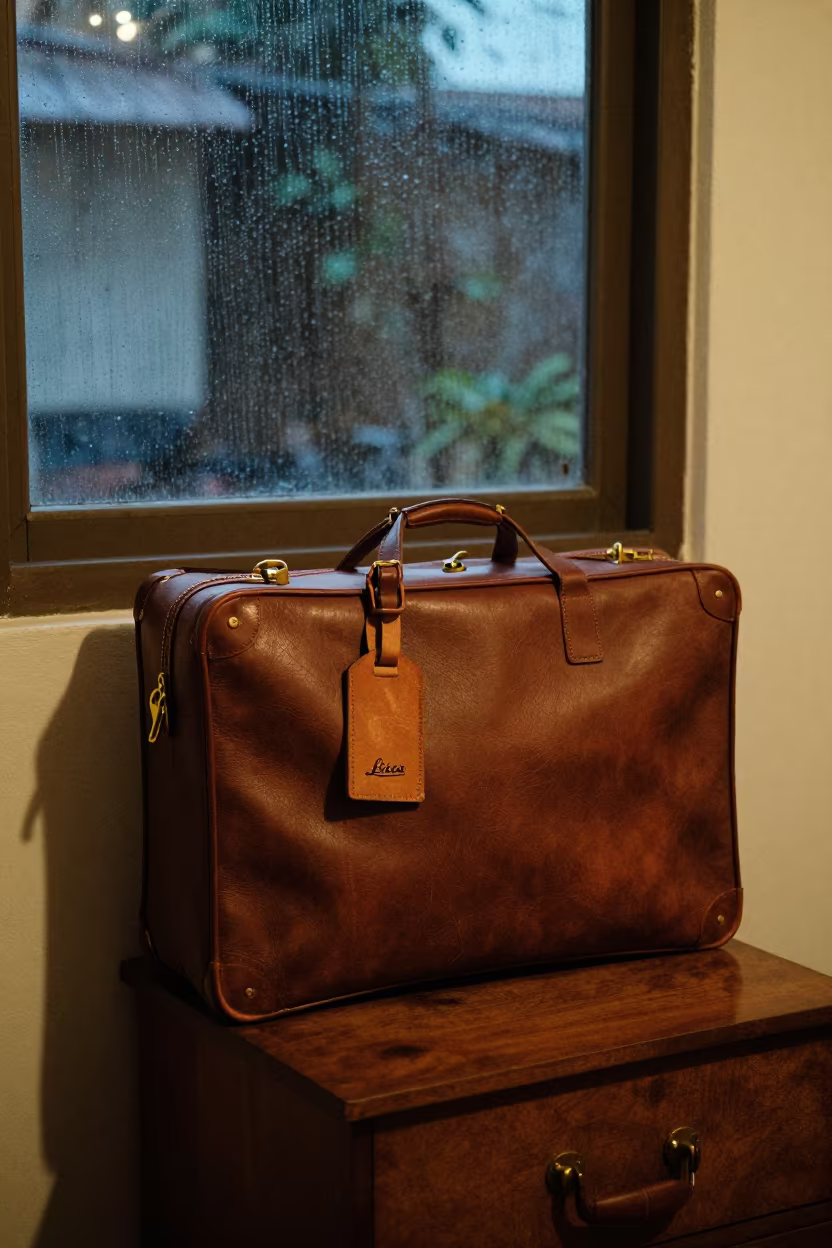 Leather Valise Luggage Tag Palembang Night in on a bedside table in Palembang