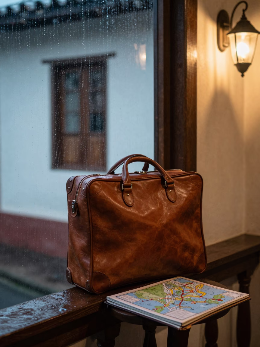 Leather Valise Map Case Rain Streaked Window in on a pier railing near Antigua