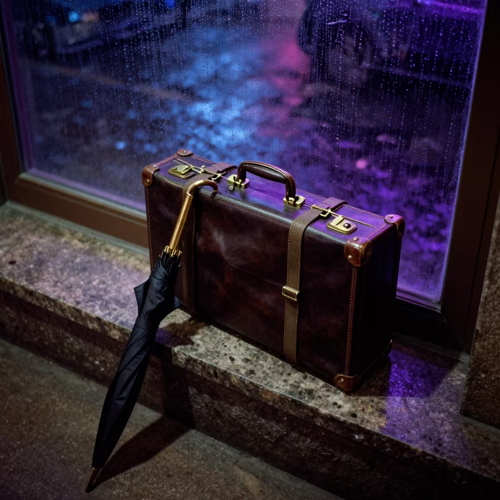 Leather Valise and Umbrella on Kinshasa Ledge in on a stone ledge in Kinshasa