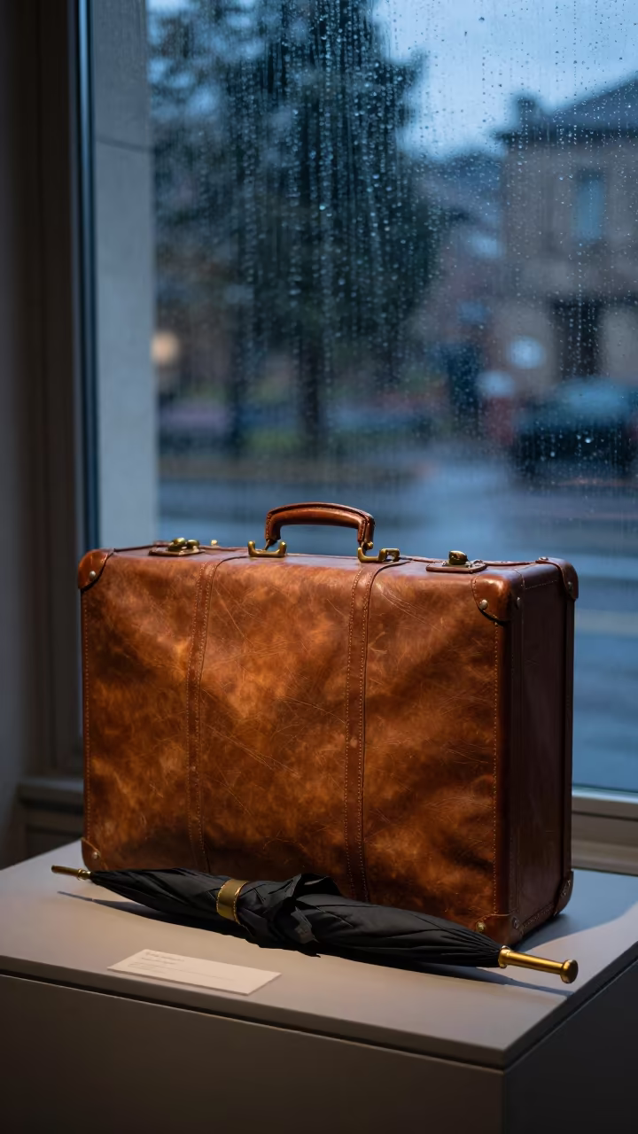 Leather Valise and Umbrella on Museum Plinth in on a museum plinth in Sarh