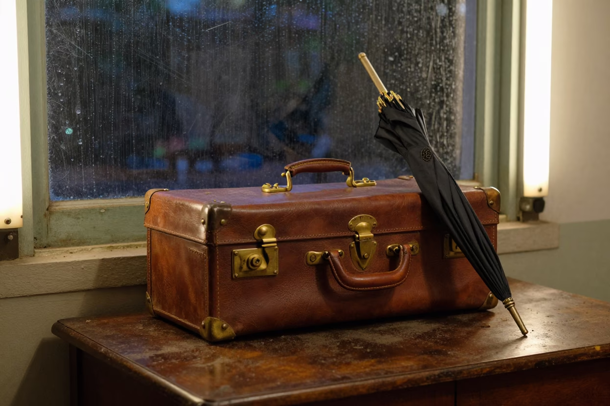 Leather Valise and Umbrella in Rainy Midnight in on a dusty library table in Jamnagar