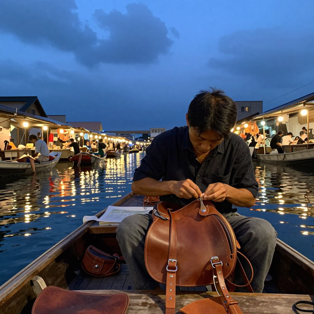 Leather Worker Stitching Saddle Bag at Tokyo Dusk in at a floating market boat in Tokyo
