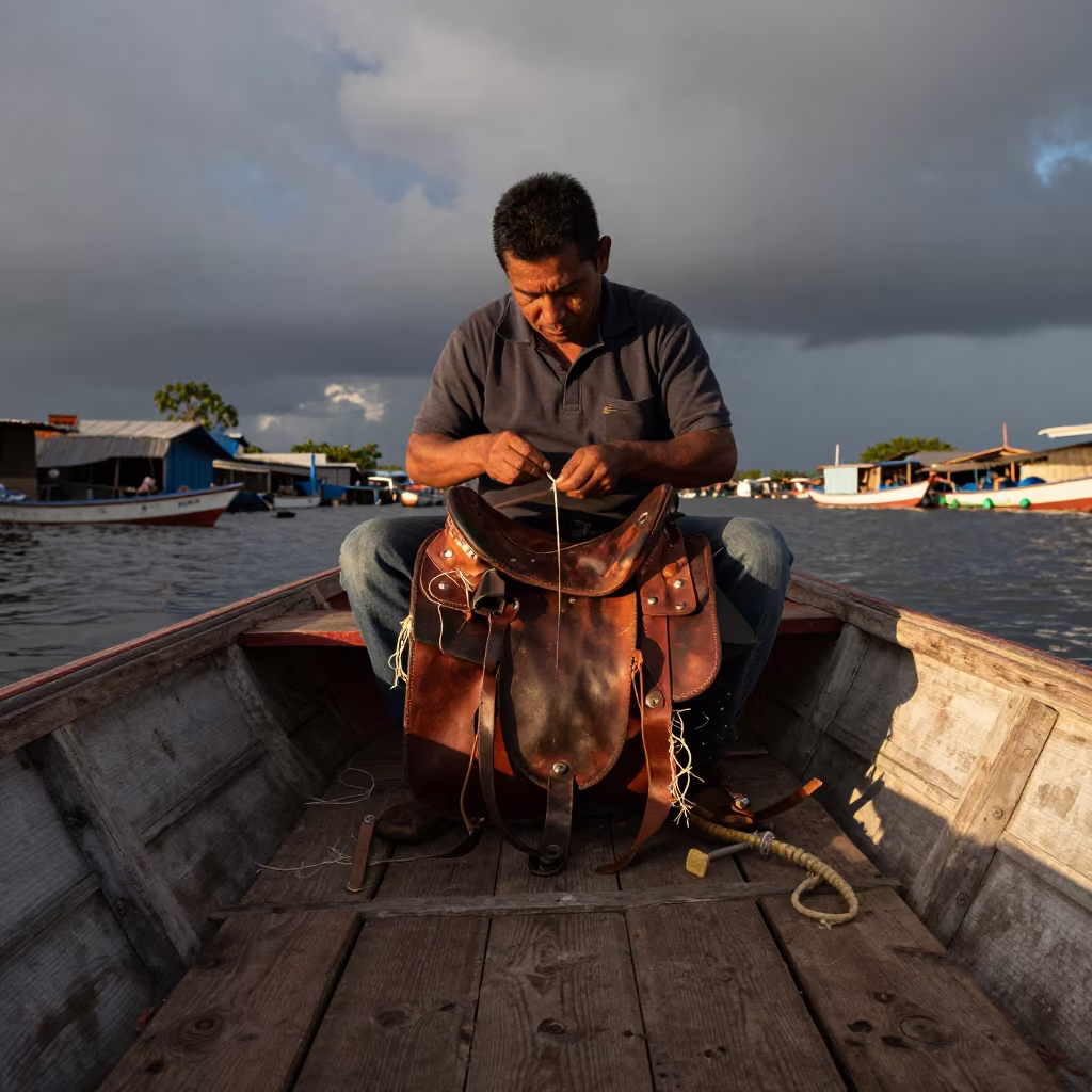 Leather Worker Stitching Saddle Bag at Twilight Market in at a floating market boat in El Rosario de Soapire