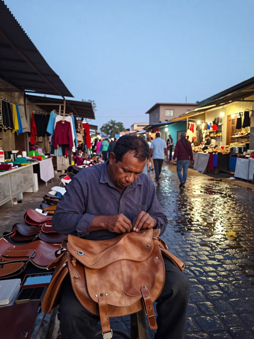 Leather Worker Stitching Saddle Bag at Twilight in in a flea market lane in Praia
