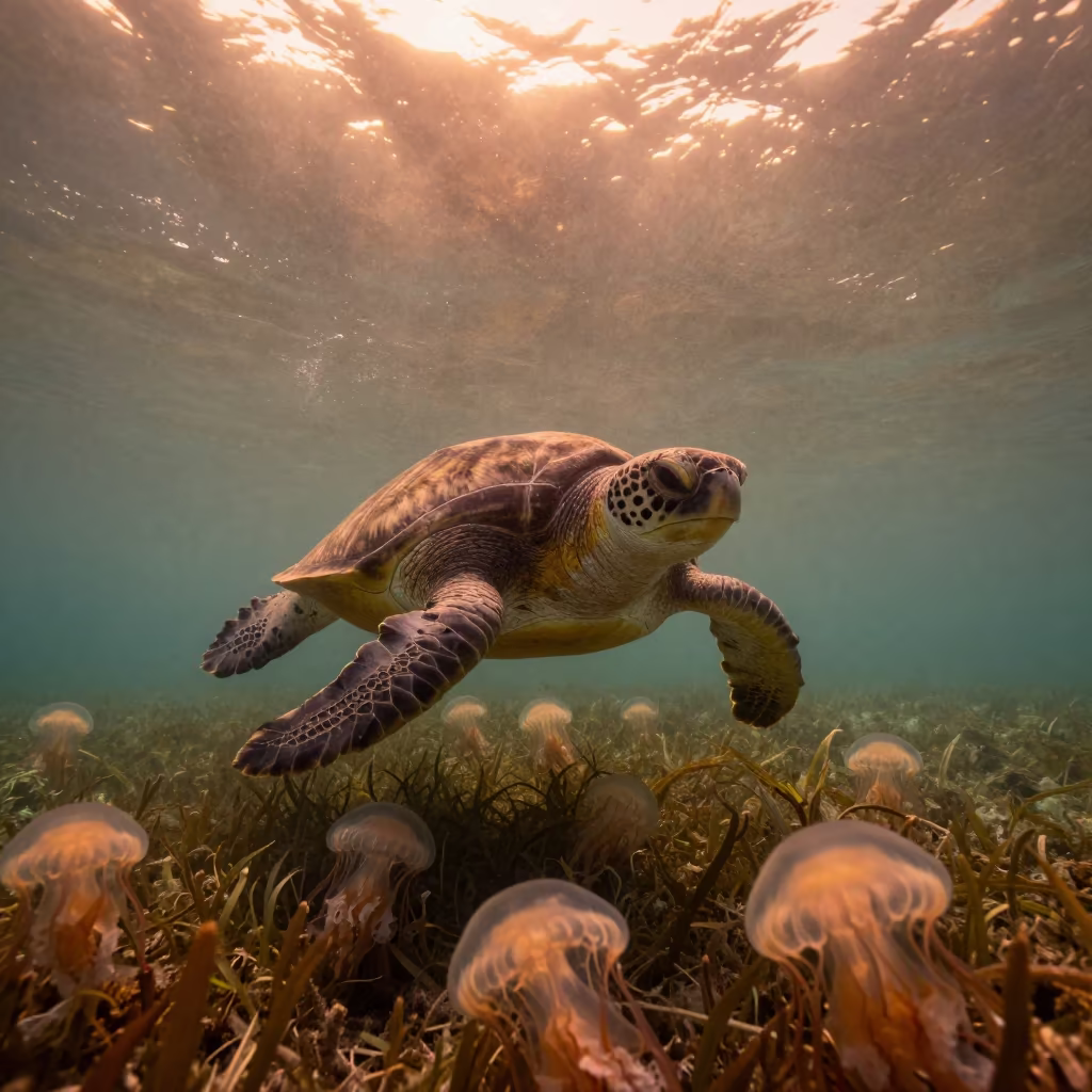 Leatherback Turtle Dives Through Amber Jellyfish Bloom in above a seagrass meadow near Fukuoka