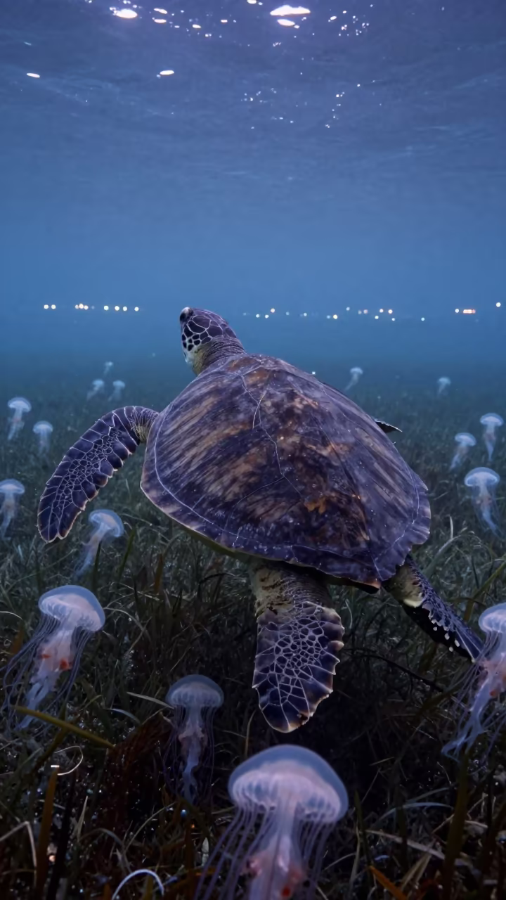 Leatherback Turtle Dives Through Jellyfish Bloom in above a seagrass meadow near Devonport, Auckland