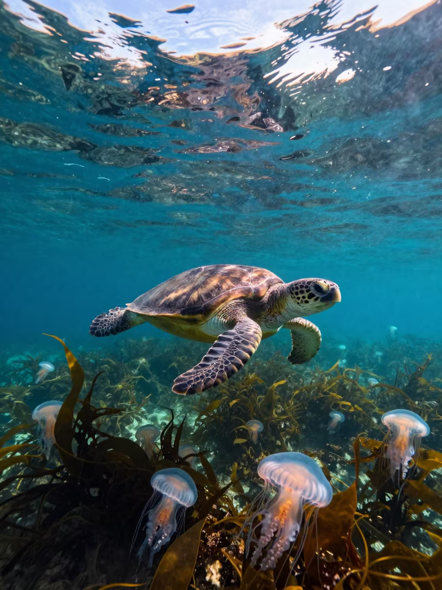 Leatherback Turtle Dives Through Kelp Forest Dalmatia in through a forest of kelp fronds in Dalmatia