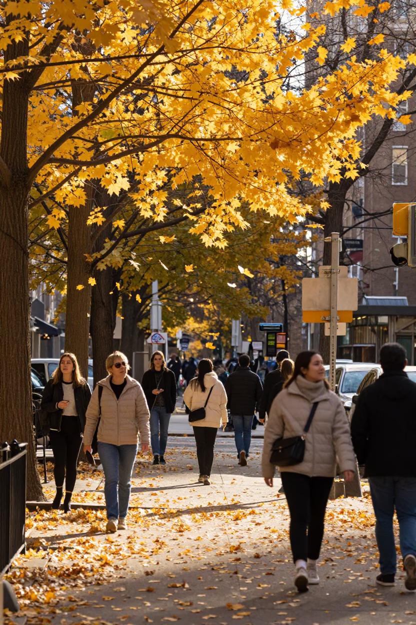 Leaves Falling in New York at The Early Afternoon Light in in New York, New York, United States