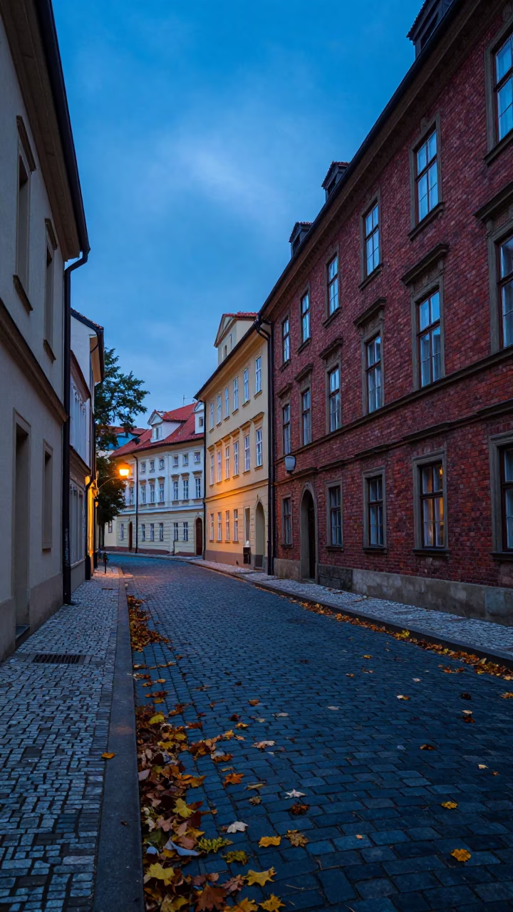 Leaves Falling in Prague at The Last Blue Light Of Evening in in Prague, Czech Republic