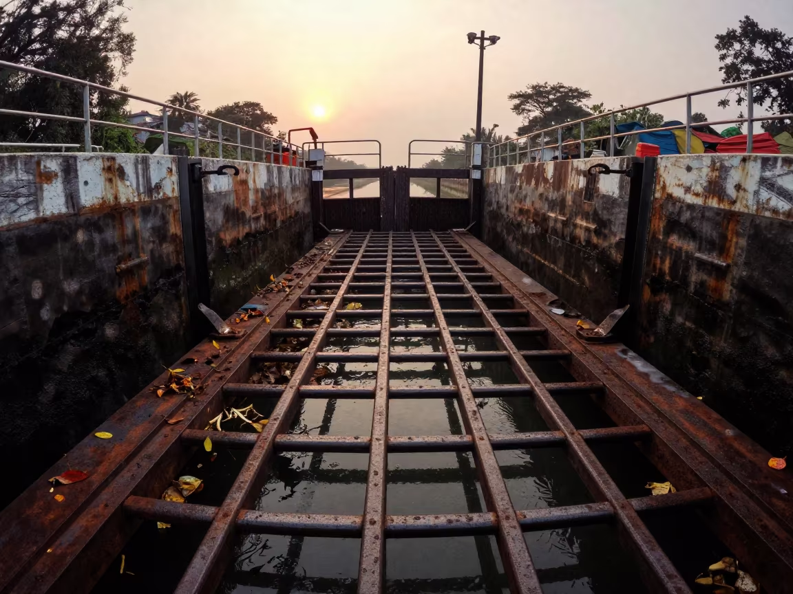 Leaves Stuck on Trash Rack at Karnataka Canal Lock in at a canal lock chamber in Karnataka